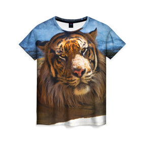 Женская футболка 3D с принтом Тигр в Кировске, 100% полиэфир ( синтетическое хлопкоподобное полотно) | прямой крой, круглый вырез горловины, длина до линии бедер | вода | дикая кошка | природа | тигр | хищник