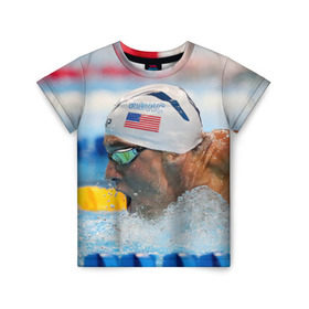 Детская футболка 3D с принтом Майкл Фелпс в Кировске, 100% гипоаллергенный полиэфир | прямой крой, круглый вырез горловины, длина до линии бедер, чуть спущенное плечо, ткань немного тянется | swimming | бассейн | олимпиада | плавание | пловец | рио | фелпс