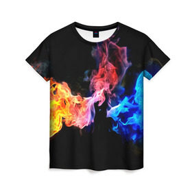 Женская футболка 3D с принтом Битва огней в Кировске, 100% полиэфир ( синтетическое хлопкоподобное полотно) | прямой крой, круглый вырез горловины, длина до линии бедер | красный | огонь | синий