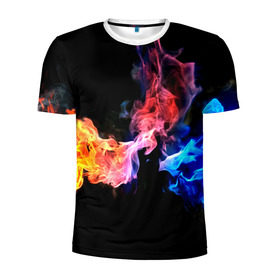 Мужская футболка 3D спортивная с принтом Битва огней в Кировске, 100% полиэстер с улучшенными характеристиками | приталенный силуэт, круглая горловина, широкие плечи, сужается к линии бедра | красный | огонь | синий
