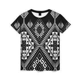 Женская футболка 3D с принтом Индейские мотивы в Кировске, 100% полиэфир ( синтетическое хлопкоподобное полотно) | прямой крой, круглый вырез горловины, длина до линии бедер | вышивка | орнамент | свитер | черно белый