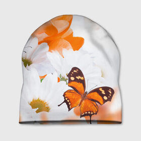 Шапка 3D с принтом Оранж в Кировске, 100% полиэстер | универсальный размер, печать по всей поверхности изделия | бабочки | лепестки | оранжевый | цветочки | цветы