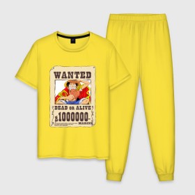 Мужская пижама хлопок с принтом Wanted Luffy в Кировске, 100% хлопок | брюки и футболка прямого кроя, без карманов, на брюках мягкая резинка на поясе и по низу штанин
 | Тематика изображения на принте: ван пис | луффи | разыскивается