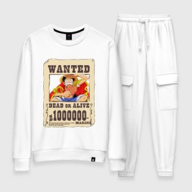 Женский костюм хлопок с принтом Wanted Luffy в Кировске, 100% хлопок | на свитшоте круглая горловина, мягкая резинка по низу. Брюки заужены к низу, на них два вида карманов: два 