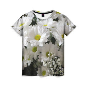 Женская футболка 3D с принтом Белоснежное цветение в Кировске, 100% полиэфир ( синтетическое хлопкоподобное полотно) | прямой крой, круглый вырез горловины, длина до линии бедер | ландыши | лепестки | прикольные картинки | ромашки | цветочки | цветы