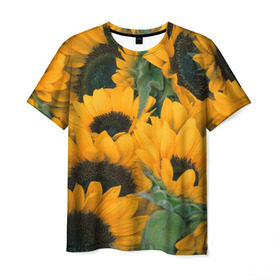 Мужская футболка 3D с принтом Подсолнухи в Кировске, 100% полиэфир | прямой крой, круглый вырез горловины, длина до линии бедер | желтый | зеленый | лето | подсолнухи | цветы | черный