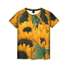 Женская футболка 3D с принтом Подсолнухи в Кировске, 100% полиэфир ( синтетическое хлопкоподобное полотно) | прямой крой, круглый вырез горловины, длина до линии бедер | желтый | зеленый | лето | подсолнухи | цветы | черный
