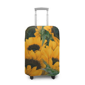 Чехол для чемодана 3D с принтом Подсолнухи в Кировске, 86% полиэфир, 14% спандекс | двустороннее нанесение принта, прорези для ручек и колес | Тематика изображения на принте: желтый | зеленый | лето | подсолнухи | цветы | черный