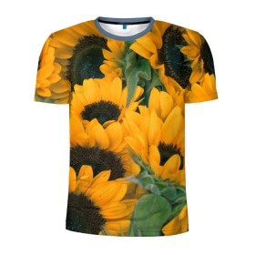 Мужская футболка 3D спортивная с принтом Подсолнухи в Кировске, 100% полиэстер с улучшенными характеристиками | приталенный силуэт, круглая горловина, широкие плечи, сужается к линии бедра | желтый | зеленый | лето | подсолнухи | цветы | черный