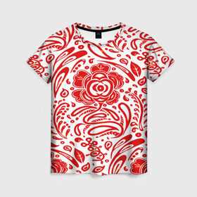 Женская футболка 3D с принтом Хохлома в Кировске, 100% полиэфир ( синтетическое хлопкоподобное полотно) | прямой крой, круглый вырез горловины, длина до линии бедер | белый | красный | орнамент | растительный