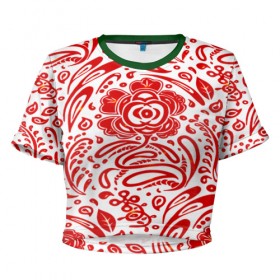 Женская футболка 3D укороченная с принтом Хохлома в Кировске, 100% полиэстер | круглая горловина, длина футболки до линии талии, рукава с отворотами | белый | красный | орнамент | растительный