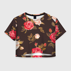 Женская футболка 3D укороченная с принтом Розы в Кировске, 100% полиэстер | круглая горловина, длина футболки до линии талии, рукава с отворотами | 
