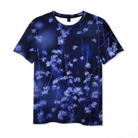 Мужская футболка 3D с принтом Ночные цветы в Кировске, 100% полиэфир | прямой крой, круглый вырез горловины, длина до линии бедер | Тематика изображения на принте: лепестки | ночь | прикольные картинки | синий | цветочки | цветы
