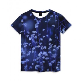 Женская футболка 3D с принтом Ночные цветы в Кировске, 100% полиэфир ( синтетическое хлопкоподобное полотно) | прямой крой, круглый вырез горловины, длина до линии бедер | лепестки | ночь | прикольные картинки | синий | цветочки | цветы