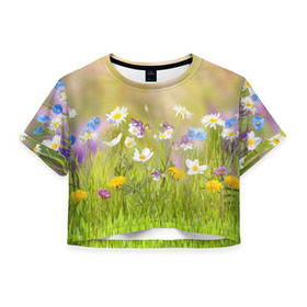 Женская футболка 3D укороченная с принтом Солнечная нежность в Кировске, 100% полиэстер | круглая горловина, длина футболки до линии талии, рукава с отворотами | лепестки | лучи | прикольные картинки | солнце | цветочки | цветы