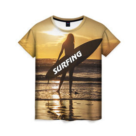 Женская футболка 3D с принтом Surfing в Кировске, 100% полиэфир ( синтетическое хлопкоподобное полотно) | прямой крой, круглый вырез горловины, длина до линии бедер | волна | девушка | море | прикольные картинки | сёрфинг | солнце | спорт | экстрим