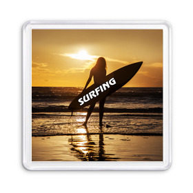 Магнит 55*55 с принтом Surfing в Кировске, Пластик | Размер: 65*65 мм; Размер печати: 55*55 мм | волна | девушка | море | прикольные картинки | сёрфинг | солнце | спорт | экстрим