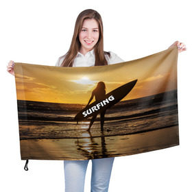 Флаг 3D с принтом Surfing в Кировске, 100% полиэстер | плотность ткани — 95 г/м2, размер — 67 х 109 см. Принт наносится с одной стороны | Тематика изображения на принте: волна | девушка | море | прикольные картинки | сёрфинг | солнце | спорт | экстрим