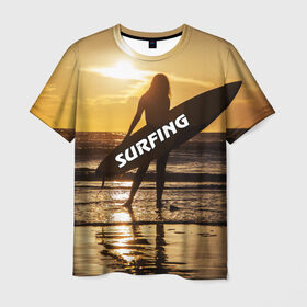 Мужская футболка 3D с принтом Surfing в Кировске, 100% полиэфир | прямой крой, круглый вырез горловины, длина до линии бедер | Тематика изображения на принте: волна | девушка | море | прикольные картинки | сёрфинг | солнце | спорт | экстрим