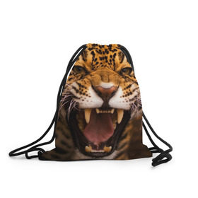 Рюкзак-мешок 3D с принтом Леопард в Кировске, 100% полиэстер | плотность ткани — 200 г/м2, размер — 35 х 45 см; лямки — толстые шнурки, застежка на шнуровке, без карманов и подкладки | дикая кошка | клыки | леопард | оскал | хищник