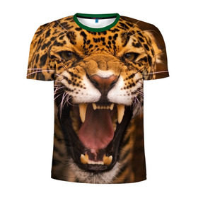 Мужская футболка 3D спортивная с принтом Леопард в Кировске, 100% полиэстер с улучшенными характеристиками | приталенный силуэт, круглая горловина, широкие плечи, сужается к линии бедра | дикая кошка | клыки | леопард | оскал | хищник