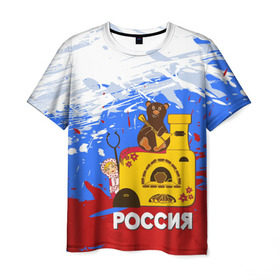 Мужская футболка 3D с принтом Россия. Медведь. Балалайка в Кировске, 100% полиэфир | прямой крой, круглый вырез горловины, длина до линии бедер | Тематика изображения на принте: матрешка | печька | россия. медведь. балалайка