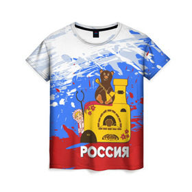 Женская футболка 3D с принтом Россия. Медведь. Балалайка в Кировске, 100% полиэфир ( синтетическое хлопкоподобное полотно) | прямой крой, круглый вырез горловины, длина до линии бедер | матрешка | печька | россия. медведь. балалайка