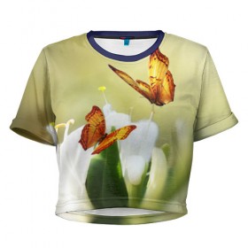 Женская футболка 3D укороченная с принтом Чудесные бабочки в Кировске, 100% полиэстер | круглая горловина, длина футболки до линии талии, рукава с отворотами | бабочки | цветы
