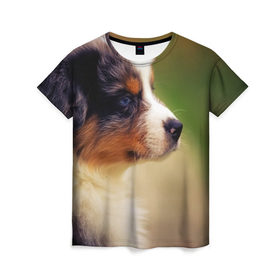 Женская футболка 3D с принтом Aussi в Кировске, 100% полиэфир ( синтетическое хлопкоподобное полотно) | прямой крой, круглый вырез горловины, длина до линии бедер | австралийская овчарка | животные | пёс | собака | щенок
