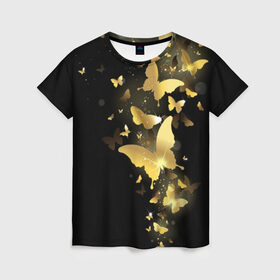 Женская футболка 3D с принтом Золотые бабочки в Кировске, 100% полиэфир ( синтетическое хлопкоподобное полотно) | прямой крой, круглый вырез горловины, длина до линии бедер | бабочки | девушкам | злато | золото