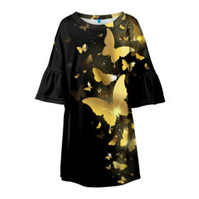 Детское платье 3D с принтом Золотые бабочки в Кировске, 100% полиэстер | прямой силуэт, чуть расширенный к низу. Круглая горловина, на рукавах — воланы | Тематика изображения на принте: бабочки | девушкам | злато | золото