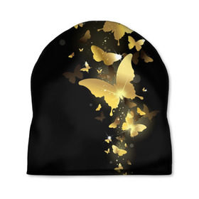 Шапка 3D с принтом Золотые бабочки в Кировске, 100% полиэстер | универсальный размер, печать по всей поверхности изделия | Тематика изображения на принте: бабочки | девушкам | злато | золото