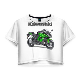 Женская футболка 3D укороченная с принтом Kawasaky Ninja 1000 в Кировске, 100% полиэстер | круглая горловина, длина футболки до линии талии, рукава с отворотами | kawasaky
