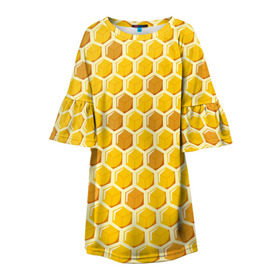 Детское платье 3D с принтом Медовые соты в Кировске, 100% полиэстер | прямой силуэт, чуть расширенный к низу. Круглая горловина, на рукавах — воланы | Тематика изображения на принте: арт | еда | мед | пчелы | соты