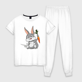 Женская пижама хлопок с принтом Зайчик в Кировске, 100% хлопок | брюки и футболка прямого кроя, без карманов, на брюках мягкая резинка на поясе и по низу штанин | год кролика | зайчик | заяц | кролик | морковь