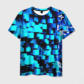 Мужская футболка 3D с принтом Кубическая текстура в Кировске, 100% полиэфир | прямой крой, круглый вырез горловины, длина до линии бедер | кубы | объем | синий