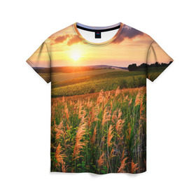Женская футболка 3D с принтом Родные просторы в Кировске, 100% полиэфир ( синтетическое хлопкоподобное полотно) | прямой крой, круглый вырез горловины, длина до линии бедер | sunrise | sunset | восход | деревня | закат | луг | небо | облака | поле | природа | солнце | цветы