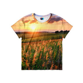 Детская футболка 3D с принтом Родные просторы в Кировске, 100% гипоаллергенный полиэфир | прямой крой, круглый вырез горловины, длина до линии бедер, чуть спущенное плечо, ткань немного тянется | Тематика изображения на принте: sunrise | sunset | восход | деревня | закат | луг | небо | облака | поле | природа | солнце | цветы