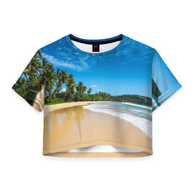 Женская футболка 3D укороченная с принтом Шикарный пляж в Кировске, 100% полиэстер | круглая горловина, длина футболки до линии талии, рукава с отворотами | вода | голубое небо | жара | загар | зной | каникулы | купание | море | океан | отдых | отпуск | пальмы | песок | приключение | путешествие | туризм