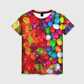 Женская футболка 3D с принтом Вкусняшки в Кировске, 100% полиэфир ( синтетическое хлопкоподобное полотно) | прямой крой, круглый вырез горловины, длина до линии бедер | вкуснотища | вкусняшки | глазурь | карамельки | конфетки | конфеты | мармеладки | сахар | сладости