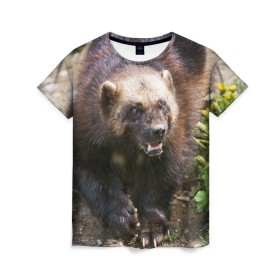 Женская футболка 3D с принтом Росомаха в Кировске, 100% полиэфир ( синтетическое хлопкоподобное полотно) | прямой крой, круглый вырез горловины, длина до линии бедер | животные | лес | медведи | охота | природа | туризм