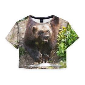 Женская футболка 3D укороченная с принтом Росомаха в Кировске, 100% полиэстер | круглая горловина, длина футболки до линии талии, рукава с отворотами | животные | лес | медведи | охота | природа | туризм