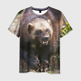 Мужская футболка 3D с принтом Росомаха в Кировске, 100% полиэфир | прямой крой, круглый вырез горловины, длина до линии бедер | Тематика изображения на принте: животные | лес | медведи | охота | природа | туризм