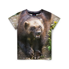 Детская футболка 3D с принтом Росомаха в Кировске, 100% гипоаллергенный полиэфир | прямой крой, круглый вырез горловины, длина до линии бедер, чуть спущенное плечо, ткань немного тянется | животные | лес | медведи | охота | природа | туризм