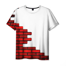 Мужская футболка 3D с принтом Кирпичики в Кировске, 100% полиэфир | прямой крой, круглый вырез горловины, длина до линии бедер | белый | красный | стена