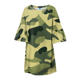 Детское платье 3D с принтом Зелёный камуфляж в Кировске, 100% полиэстер | прямой силуэт, чуть расширенный к низу. Круглая горловина, на рукавах — воланы | Тематика изображения на принте: camouflage | green camouflage | зеленый камуфляж | камуфляж