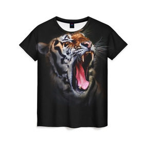 Женская футболка 3D с принтом Оскал тигра в Кировске, 100% полиэфир ( синтетическое хлопкоподобное полотно) | прямой крой, круглый вырез горловины, длина до линии бедер | дикая кошка | пасть | тигр | хищник
