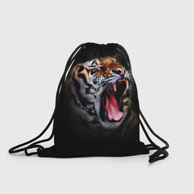Рюкзак-мешок 3D с принтом Оскал тигра в Кировске, 100% полиэстер | плотность ткани — 200 г/м2, размер — 35 х 45 см; лямки — толстые шнурки, застежка на шнуровке, без карманов и подкладки | Тематика изображения на принте: дикая кошка | пасть | тигр | хищник