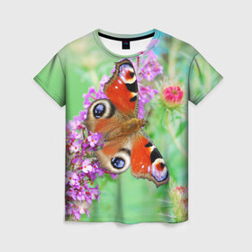 Женская футболка 3D с принтом Прелесть в Кировске, 100% полиэфир ( синтетическое хлопкоподобное полотно) | прямой крой, круглый вырез горловины, длина до линии бедер | бабочка | лепестки | прикольные картинки | природа | цветочки | цветы