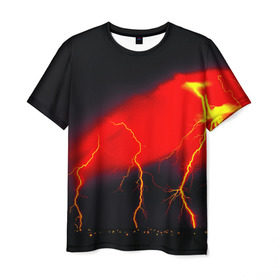 Мужская футболка 3D с принтом Гроза в Кировске, 100% полиэфир | прямой крой, круглый вырез горловины, длина до линии бедер | красный | молния | ночь | черный
